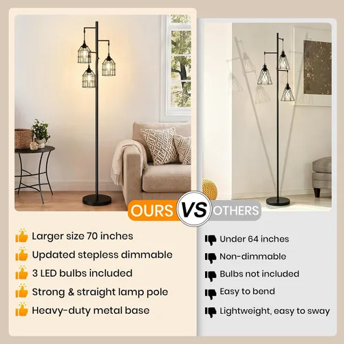 Vista 2 de Sucolite Lámpara de Pie Regulable de 70" para Sala de Estar, Lámpara de Pie Industrial de Árbol de 3 Luces Negra con Jaulas, Lámpara de Pie Alta