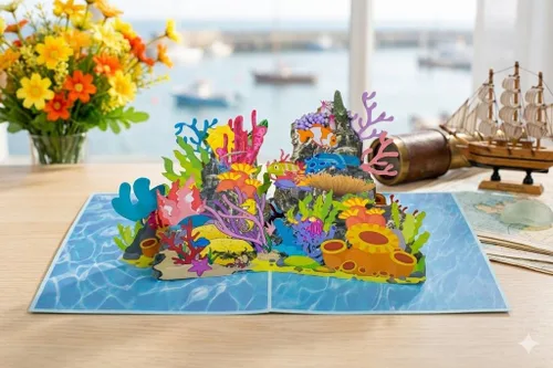 Vista 5 de ETA Tarjeta desplegable 3D Ocean World, tarjeta de cumpleaños de arrecifes de coral para entusiastas del buceo, regalo del día del padre, H08