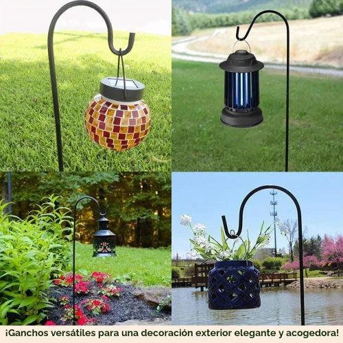 Vista 5 de Ganchos de pastor para exteriores, juego de 4 postes de jardín ajustables para comederos de pájaros, linternas solares, campanillas de viento Negro