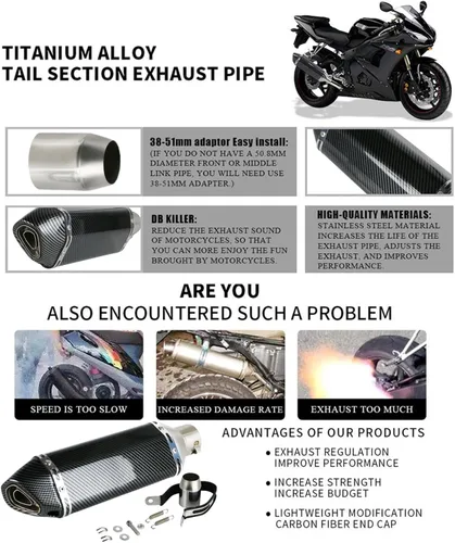Vista 6 de Silenciador de escape de fibra de carbono de 1.5 – 2 pulgadas con DB Killer extraíble para motocicletas de calle/deporte y scooters con tubos