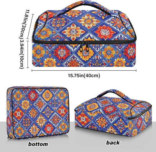 Vista 3 de Talavera mexicana - Porta platos con diseño de azulejos de cerámica, portátil, a prueba de fugas, aislado, para alimentos calientes o fríos, viajes