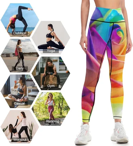 Vista 9 de Rainbow Rose High Waist Yoga Pants Tummy Control Stretch Leggings for Women