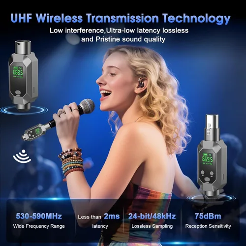 Vista 2 de Sistema de micrófono inalámbrico XLR transmisor y receptor inalámbrico para 262 pies de rango de 8 horas de batería UHF transmisor inalámbrico