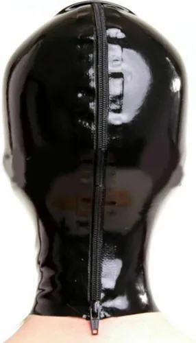Vista 5 de ABWL Máscara de látex negro con capucha unisex, hecha a mano con peluca de cola de caballo doble para disfraces de cosplay