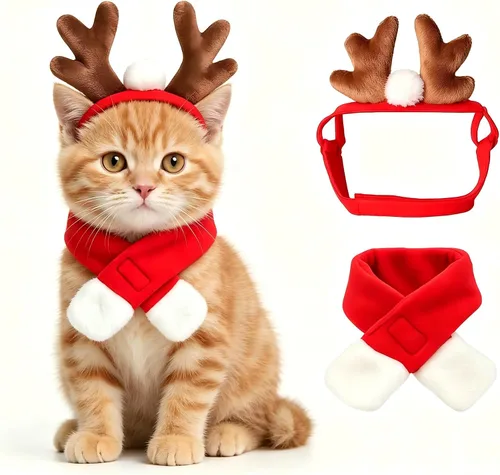 Vista 8 de Disfraz de Navidad de gato con sombrero de Papá Noel y bufanda, traje de Navidad para gatito/cachorros/decoración de Navidad para el hogar