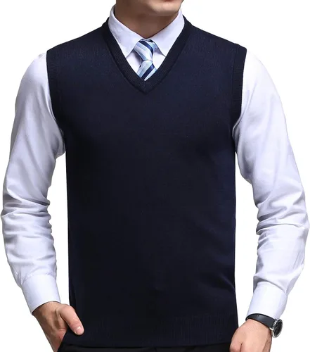 Vista 10 de FULIER Chaleco de lana de cachemira con cuello en V para hombre, sin mangas, clásico suéter de punto, suéter cárdigans sin mangas Negro