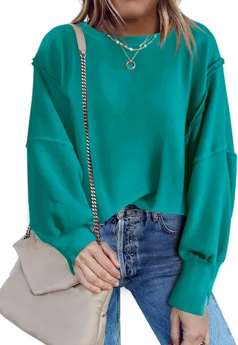 Vista 2 de Nirovien Sudadera de gran tamaño con cuello redondo para mujer, con abertura lateral, manga larga, ajuste holgado