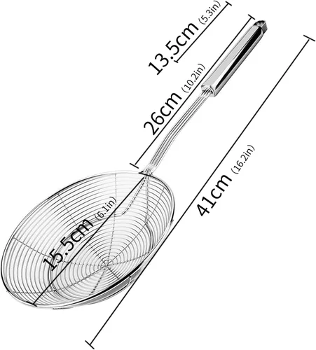 Vista 2 de Colador Skimmer, colador de araña de acero inoxidable, cucharón para pasta, espaguetis, fideos y freír en la cocina, cuenco de 6 pulgadas