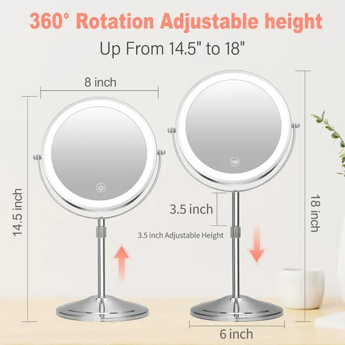 Vista 2 de Espejo de maquillaje iluminado con aumento, 10 x 8 pulgadas, espejo de tocador recargable de doble cara con luces, espejo de maquillaje de aumento