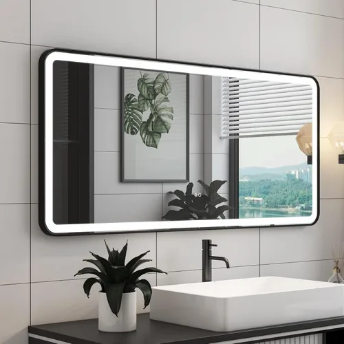 Vista 13 de WELLFOR Espejo LED enmarcado de 48 pulgadas de ancho x 36 pulgadas de largo, espejo rectangular de esquina redondeada de metal con luces para baño