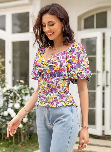 Vista 4 de DOROSE Blusa de manga abombada para mujer, con cuello de corazón, parte delantera fruncida