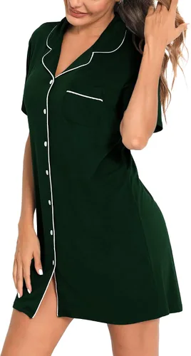 Vista 3 de SWOMOG Camisón de manga corta con botones para mujer, con cuello de muesca, pijama, vestido de pijama