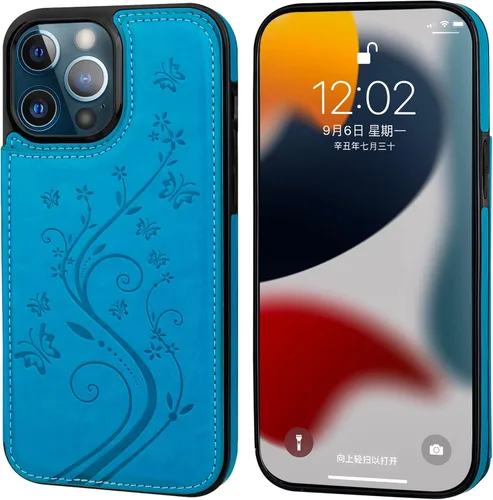 Vista 3 de Vaburs Funda compatible con iPhone 13 Pro Max con tarjetero y diseño de mariposa en relieve, de piel sintética, doble botón, a prueba de golpes
