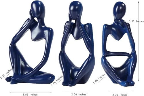 Vista 2 de Decoración de baño azul de 3 piezas pequeñas decoraciones para estantes, estatuas de pensador de resina, esculturas, decoración del hogar