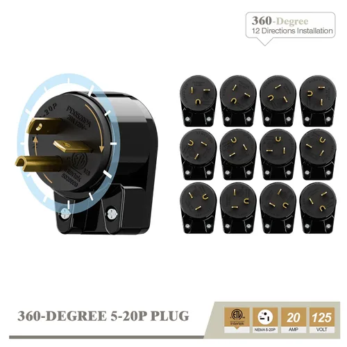Vista 4 de Enchufe de CA macho de 3 clavijas de EE. UU., ángulo recto, ETL Nema 5-20P, 3 polos rewirable, 20A 125V USA 3Pin Conector de CA, enchufe giratorio