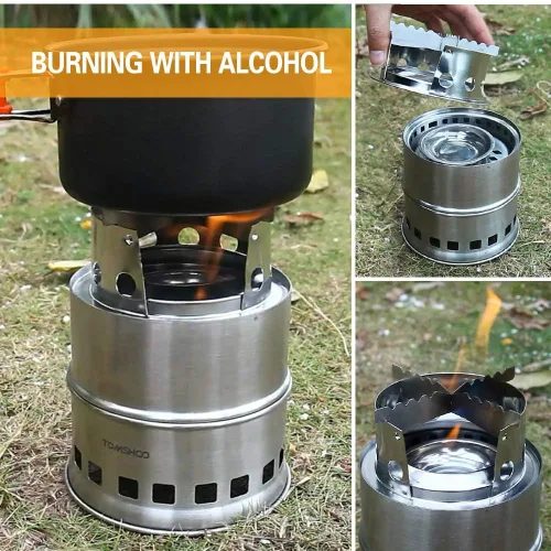 Vista 6 de TOMSHOO Estufa portátil plegable a prueba de viento para quemar leña, estufa de alcohol de acero inoxidable compacta para exteriores, camping