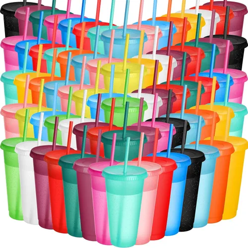 Vista 17 de Honeydak Paquete de 60 vasos con popote y tapa, vasos a granel para regalos, tazas de café de plástico con purpurina de 24 a 27 onzas, botella