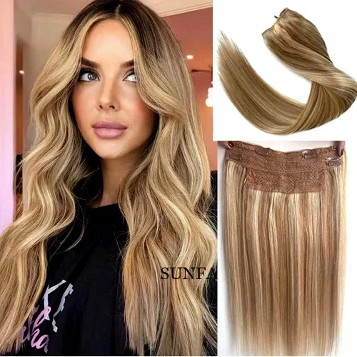 Vista 12 de Extensiones de cabello con alambre negro, extensiones de cabello balayage, extensiones de cabello con alambre de cabello humano, 14 pulgadas 70 g