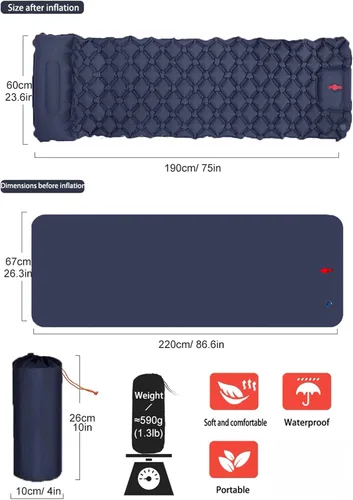 Vista 2 de Colchoneta de dormir para campamento: colchoneta inflable ultraligera con bomba de pie y almohada integradas, colchón de aire compacto mejorado