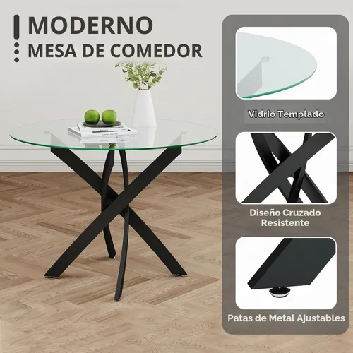 Vista 8 de Juego de mesa de comedor de cristal redondo transparente para 4, juego de mesa de cocina circular de 5 piezas, juego de mesa de comedor circular