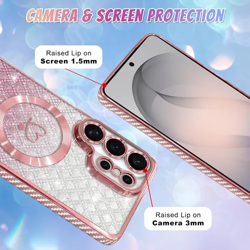 Vista 478 de Bonoma - Funda compatible con Samsung Galaxy S21 Plus, diseño de corazón con purpurina, color rosa Support for MagSafe, Plating Magnetic Case TPU