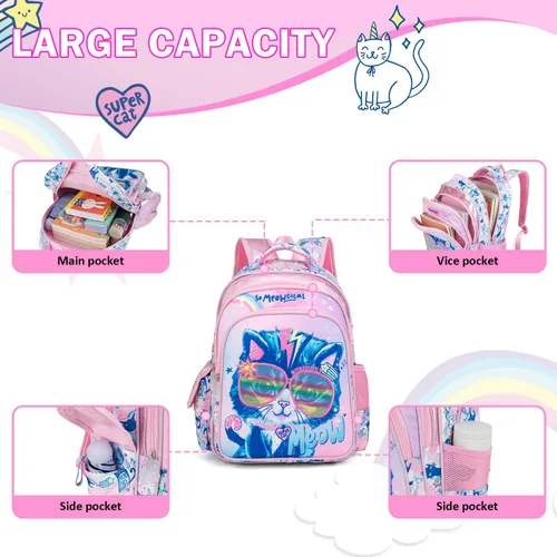 Vista 3 de Mochila para niñas, mochila escolar para niñas, Lindos juegos de gatos, Classic