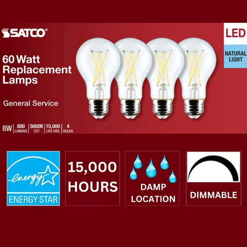 Vista 2 de Satco S12465 8A19/CL/LED/E26/950/4PK/120V, 8 Watt A19 LED; Clear; 5000K; Medium Base; 120 Volt; for use at Residential, Hospitality, Retail