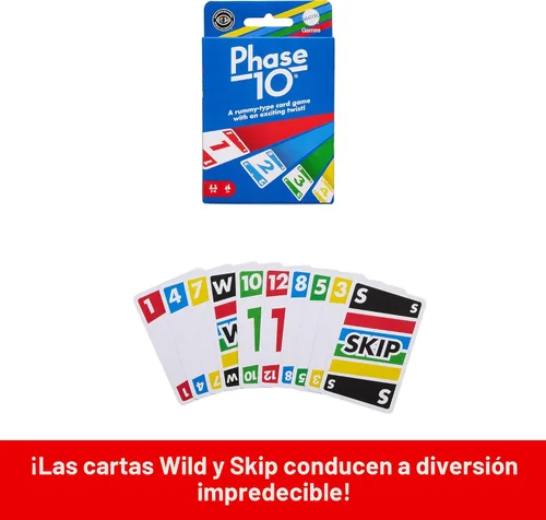 Vista 5 de Mattel Games Juego de cartas Phase 10 con baraja accesible para daltónicos en lata de almacenamiento y viaje para niños, adultos y familias