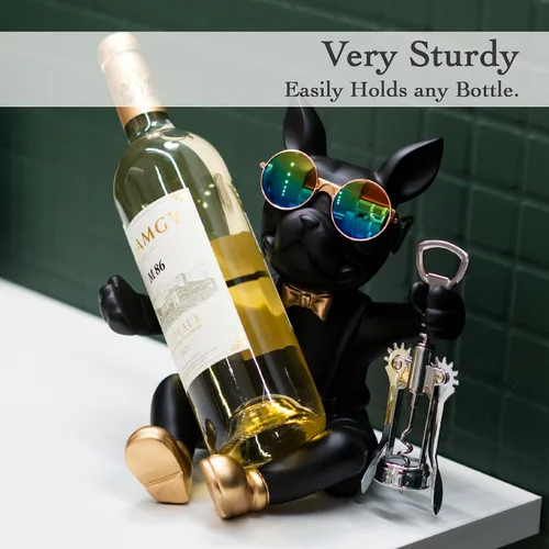 Vista 3 de Juju Bulldog - Soporte para botellas de vino, soporte para vino, para encimera, organizador único de botellas para decoración del hogar, decoración