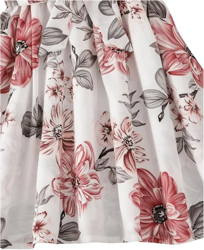 Vista 3 de OYOANGLE Vestido casual de verano para niña, vestido corto fruncido de manga corta con lazo y cinturón acampanado de cintura alta