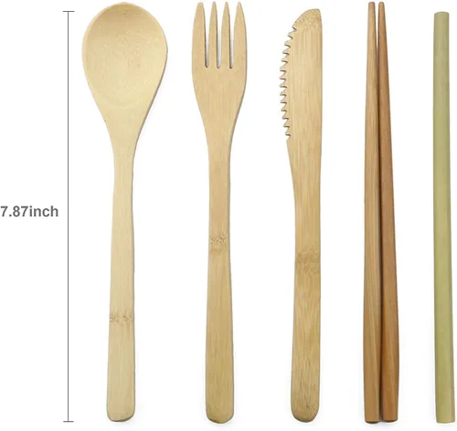 Vista 2 de JASHII Juego de cubiertos de bambú para viaje, incluye cuchillo reutilizable, tenedor, cuchara, palillos, popotes y cepillo (beige)