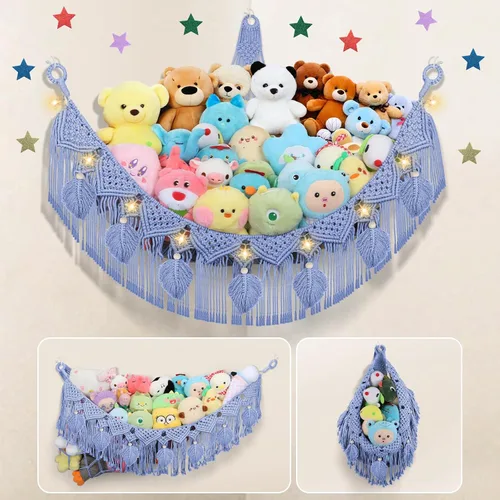 Vista 17 de Hamaca Esquinera para Animales de Peluche - Jumbo de 56'' Hecha a Mano con Cordón Doble de Macramé de 5mm, Red de Almacenamiento de Animales