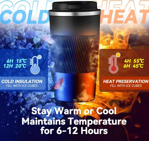 Vista 6 de Taza de Café de Viaje de 12 OZ, Taza de Café Aislada con Tapa a Prueba de Derrames y Fugas, Vaso Portátil de Acero Inoxidable Reutilizable para Agua