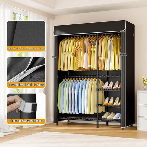 Vista 4 de Perchero F2C con tapa, estantes de ropa negros resistentes Garment Rack with Shelves for Hanging Clothes, Metal Portable Closet System, 47.2"W x