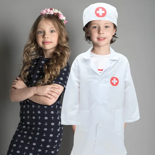 Vista 8 de WRITWAA Disfraz de médico para niños, abrigo de laboratorio blanco, disfraz de médico con sombrero, disfraz de científico para niños, disfraz