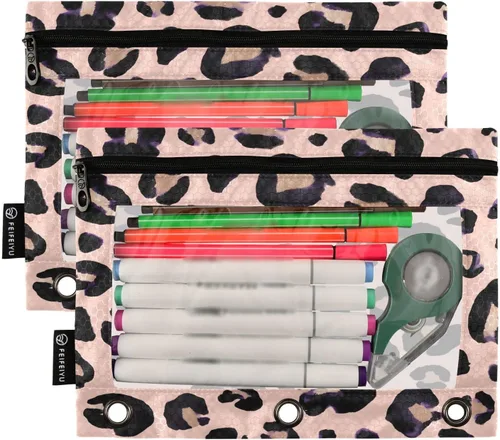 Vista 2 de Estuche para lápices con estampado de leopardo y guepardo rosa para carpeta de 3 anillos, 2 bolsas para lápices con cremallera, estuche transparente