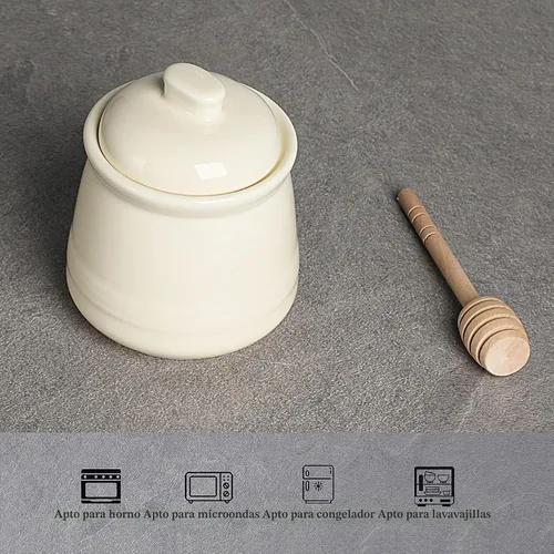 Vista 3 de LEETOYI Tarro de miel de porcelana con tapa y cuchara de miel, olla de miel de cerámica, 12 onzas (beige)