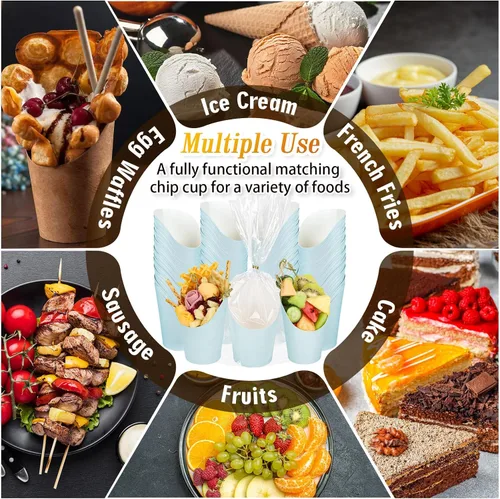Vista 4 de Whaline 50 tazas de charcutería azules con bolsas de palitos, lazos giratorios, 14 onzas, desechables, para aperitivos, papas fritas para el hogar