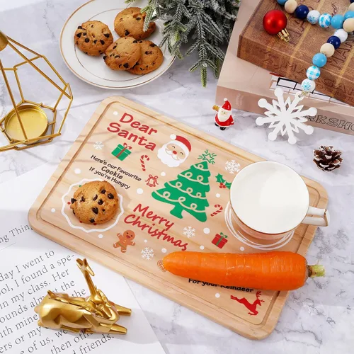 Vista 5 de AnyDesign Plato de madera de Papá Noel – Bandeja rectangular para leche y galletas de Nochebuena para suministros de decoración de Navidad