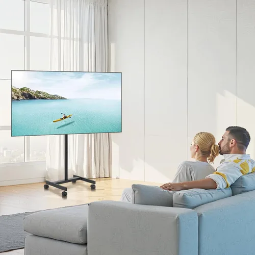 Vista 8 de VEVOR - Soporte de TV con ruedas, carrito de TV móvil para pantallas de 17 a 55 pulgadas, de retrato a paisaje, soporte de TV portátil con ruedas