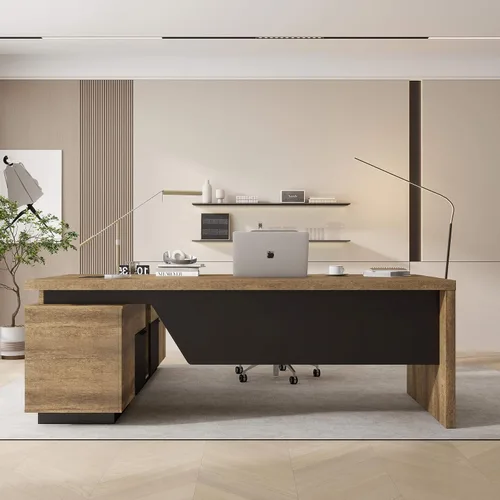 Vista 4 de SAINTCY Escritorio ejecutivo en forma de L, escritorio de oficina retráctil con cajones, grandes escritorios de madera para jefes, propietarios