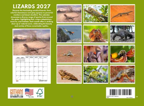 Vista 2 de Calendario mensual de pared 2025 de lagarto, 12 meses, fabricado en Estados Unidos Lizards