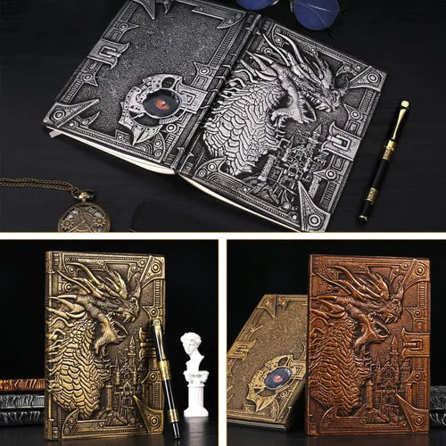 Vista 5 de DND Cuaderno de Dragón Diario de Cuero en Relieve 3D A5 Diario de Viaje Vintage con Bolígrafo y Funda para Bolígrafo, D&D Diario Diario Hecho a Mano