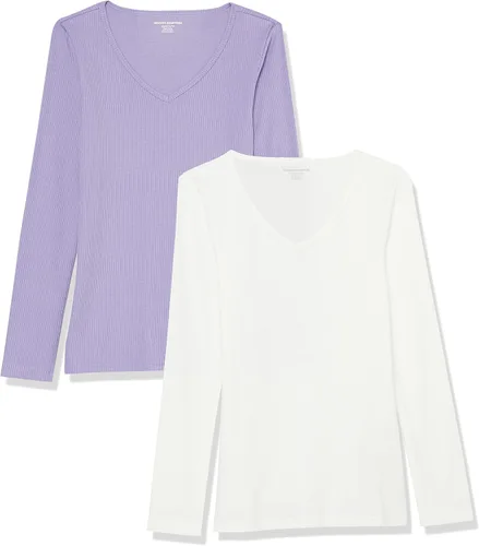 Vista 15 de Amazon Essentials - Camisas de manga larga de punto con cuello en V de canalé para mujer, de ajuste delgado para superposición