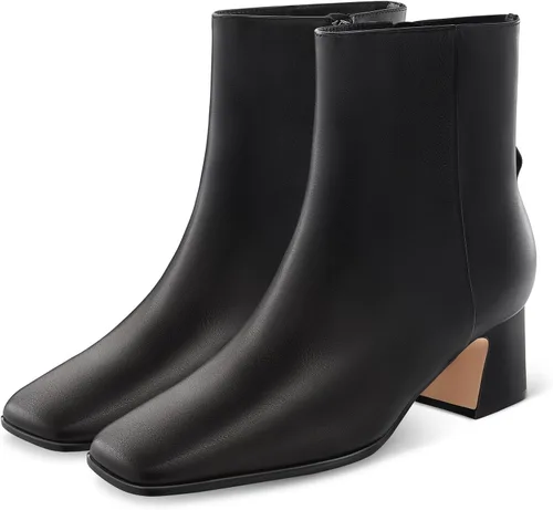 Vista 3 de 7or9 Botines de tacón medio para mujer con suela de lengüeta Chelsea Fashion Go Go Botas de cuero de becerro Tacón grueso en bloque - Negro, Blanco