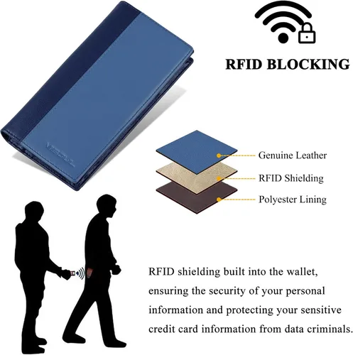 Vista 5 de VISOUL Billeteras largas de cuero con bolsillo con cremallera para hombres y mujeres, bloqueo RFID, billetera alta para secretaria, Azul y azul