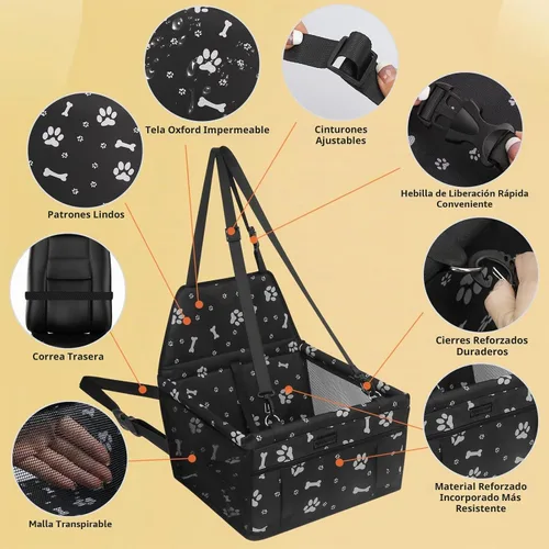 Vista 3 de Asiento de coche para perro, asiento elevador plegable para perro, impermeable, transpirable, bolsa de viaje Oxford para perros pequeños a medianos