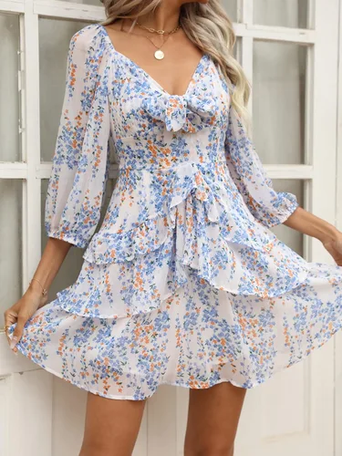 Vista 2 de Vestido corto de manga larga con volantes y cuello en V profundo para mujer