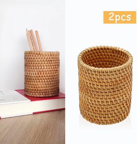 Vista 6 de Paquete de 2 soportes para lápices de ratán para escritorio, organizador de bolígrafos hecho a mano, cubo bohemio, accesorios de escritorio, soporte