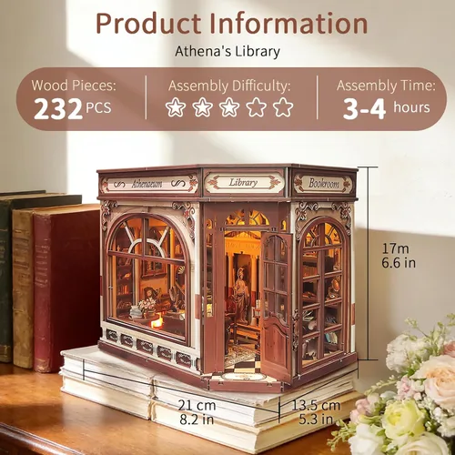Vista 3 de BELEEV Kit de rincón de libros – Librero de madera en miniatura con luces LED, puerta que se puede abrir, rompecabezas 3D, decoración de estantería